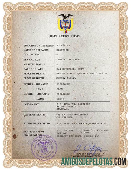 Imprimível modelo PSD de certidão de óbito de registro vital da Colômbia